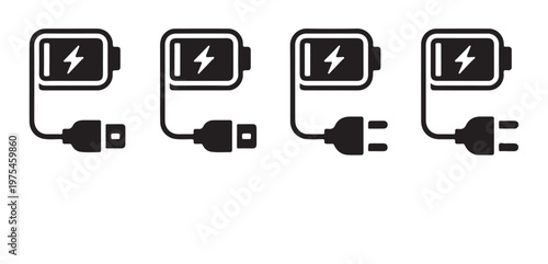 Battery charging with usb cable and electric plug, full battery status line icons.