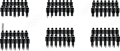 People group icons set, human figures crowd silhouettes, diversity teamwork community concept, business population social illustration, black vector design