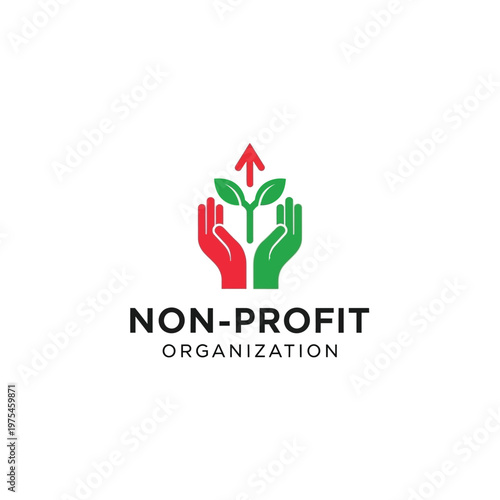Non profit organization logo with hands holding plant and arrow.