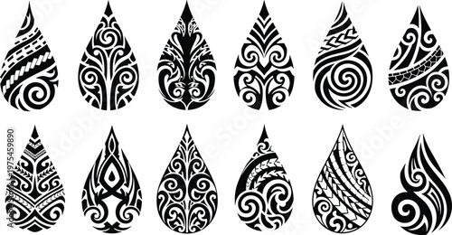 Ornamental leaf shapes collection, tribal floral patterns in teardrop form, decorative ethnic motifs, tattoo style vector illustration design set
