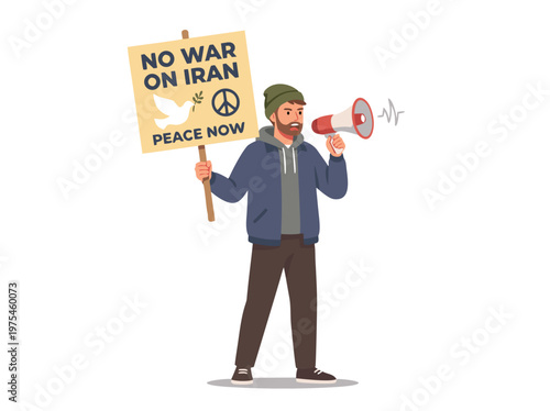 Man protesting against war with Iran holding a peace sign and megaphone.