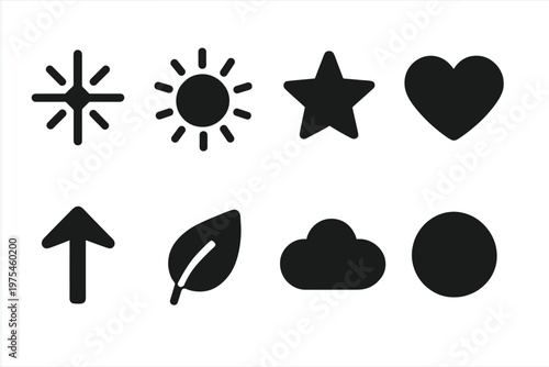Feel-Good Icon Set. Feel-good symbols. Filled icon set of Feel-good symbols: radiant spark, warm sun, shining