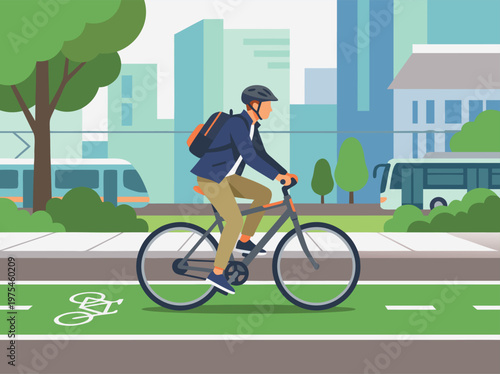 Man riding bicycle on dedicated bike lane in city.