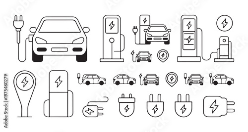 Electric car charging station vector line art icons set, displaying vehicles, plugs, and chargers.