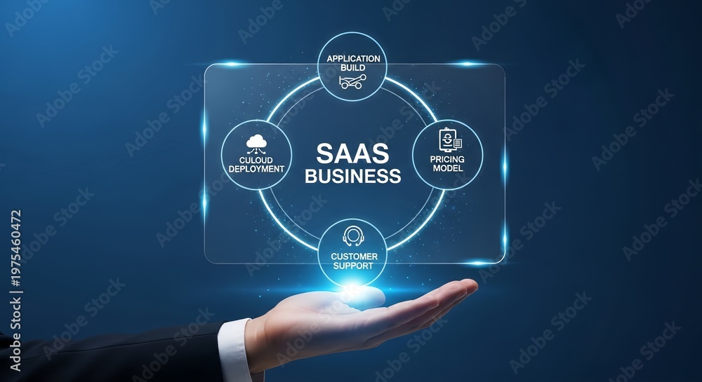 Fototapeta premium A hand holding a glowing SaaS business concept with icons and text on a dark blue background