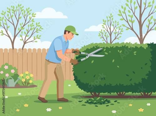 Man trimming a hedge with scissors in a garden.