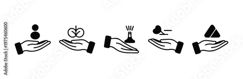 Black icons of hands with various objects on white background vector set