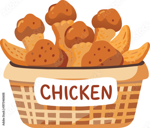 Illustration of fried chicken nuggets and fries in a basket
