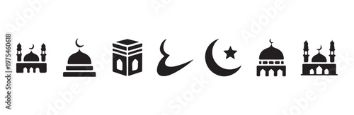 Collection of Islamic symbols and landmarks on white background vector