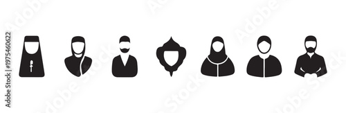 Icons of people with religious attire on white background vector set