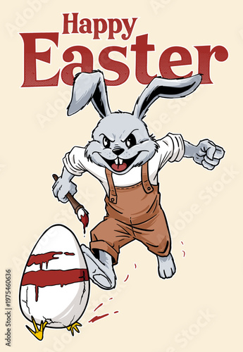 This "Happy Easter" illustration features a bunny holding a paintbrush and running after a fleeing egg with a happy smile. Great for greeting cards, stickers, and more.