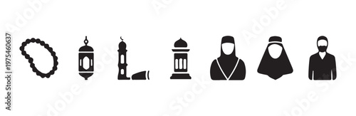 Islamic religious accessories and figures icons on white background vector