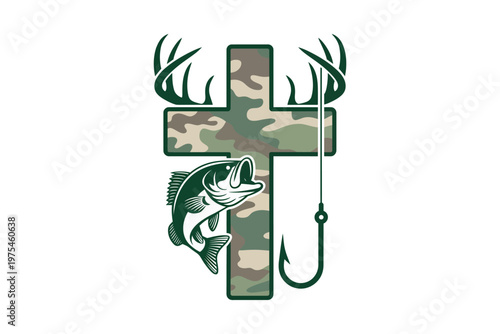 A detailed illustration features a cross formed from deer antlers overlaid with camouflage and a fish caught on a hook on transparent background.