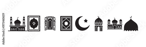 Islamic icon set with mosque quran book crescent moon star and architecture silhouette vector