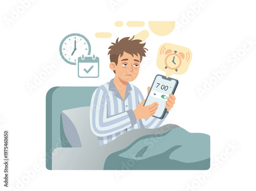 Man Waking Up Tiredly in Bed with Alarm Clock on Phone.