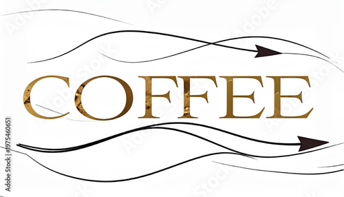 Coffee Word Art with Decorative Lines and Arrows on White Background.