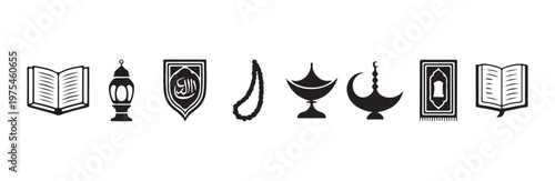 Open quran book with islamic lantern and prayer beads silhouette for ramadan design elements