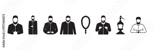 Canvas-taulu Muslim man praying and holding prayer beads with islamic lantern silhouette coll