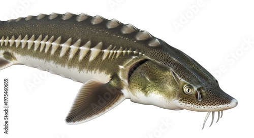 Sturgeon fish swimming with distinctive scutes and whisker-like barbels