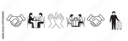 Collection of simple line icons depicting human interaction agreement care and travel concepts