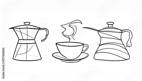 Coffee-themed illustration featuring a cup, a moka pot, and a kettle.