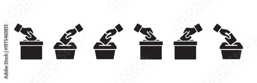 Vote icons set with hand putting paper into ballot box. election choices and democracy symbols