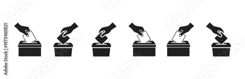 Voting icons set with hand dropping ballot paper into box. election and democratic choice symbols