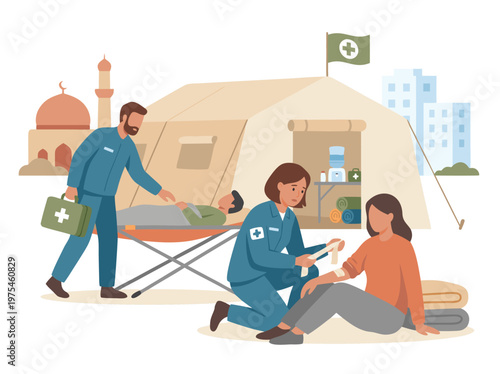 Medical Aid Tent in a Disaster Zone with Healthcare Professionals Assisting Patients.