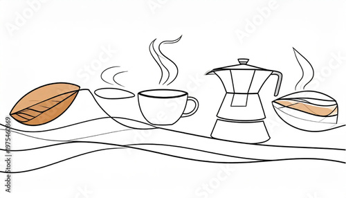 Coffee-themed illustration featuring beans, cups, and a moka pot, minimalist style.