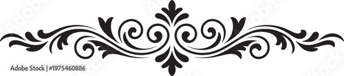Symmetrical black ornate divider with swirling leaf patterns and central floral motif on a white background Keywords: symmetrical, black, ornate