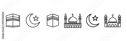 Islamic icons set featuring kaaba crescent moon mosque and star outline symbols