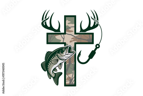 A detailed illustration features a cross formed from deer antlers overlaid with camouflage and a fish caught on a hook on transparent background.