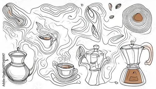 Coffee-themed illustration featuring various coffee-making equipment and abstract design elements.