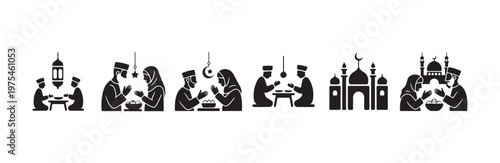 Silhouette icons showing muslim family sharing breaking fast meal during celebration