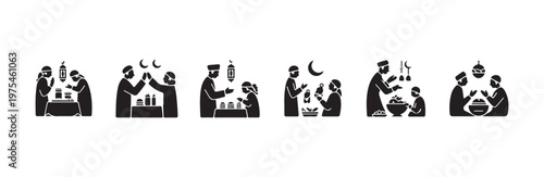 Solid black icons depicting muslim people greeting sharing food celebrating religious holiday