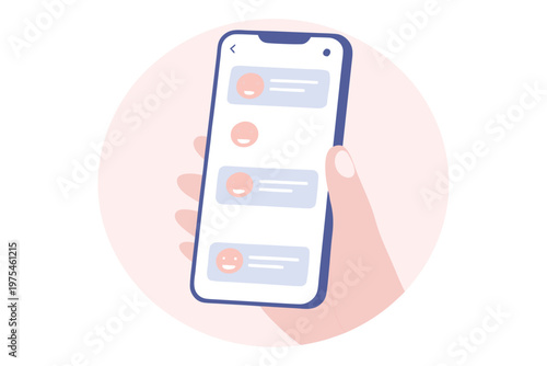 Hand holding smartphone displaying a messaging app with pink bubbles