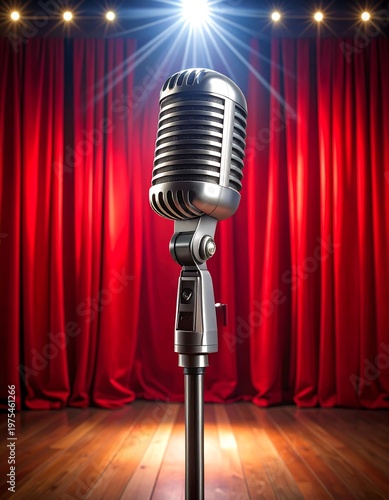 A vintage microphone stands center stage with red curtains behind