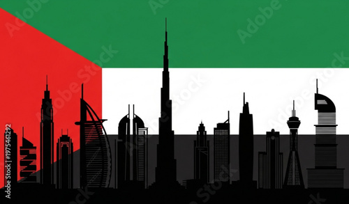 Title: Dubai Skyline Silhouette with UAE Flag – Modern Urban Cityscape Vector
