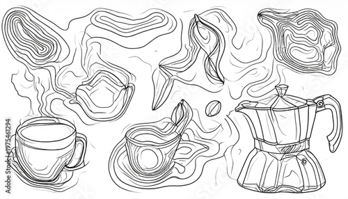 Coffee-themed line art illustration with cups, beans, and a coffee maker.