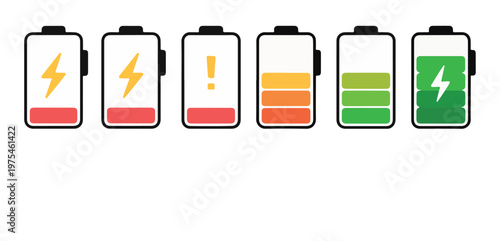 Battery charge level icon set with energy status indicators for mobile phone power interface and dashboard.