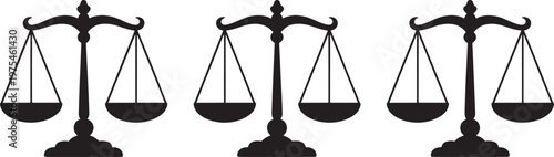 Three black silhouette justice scales of law arranged horizontally on a white background representing balance and legal judgment symbols Keywords