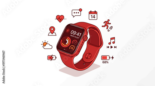 Red smartwatch with digital display screen.