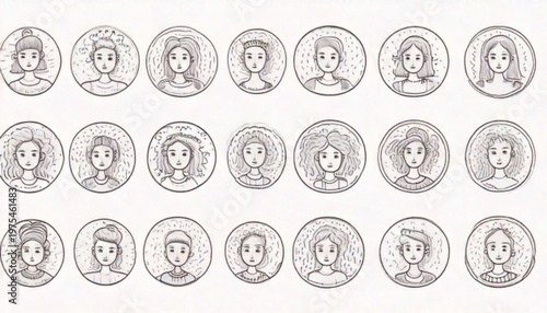 Collection of cartoon faces in circular frames, various expressions and styles.