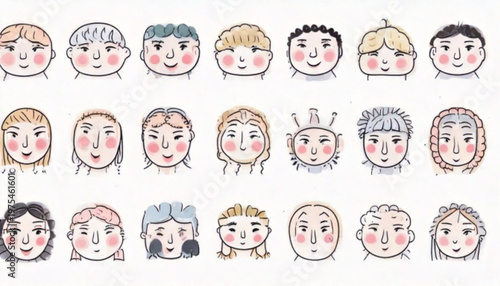 Collection of cute cartoon faces with different expressions and emotions.