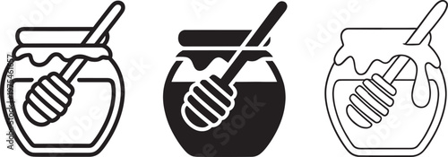 Three distinct representations of a glass jar filled with golden honey and a wooden honey dipper stick inside each one showing variations in style