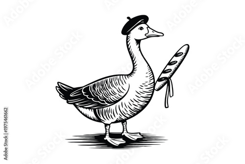 Black and white of a duck wearing a beret and holding a baguette french