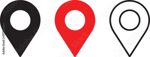 Three location pin one solid black one solid red and one black outline with a red circle inside on a white background Keywords: location, pin, map