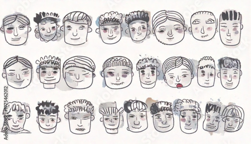 Collection of diverse faces, representing various emotions and expressions in a minimalist style.