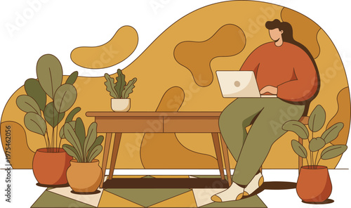 A person working on a laptop at a cozy indoor table surrounded by potted plants in a warm, stylish, and minimal environment