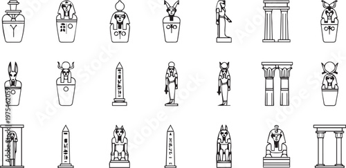 Collection of ancient egyptian hieroglyphs and architectural column designs